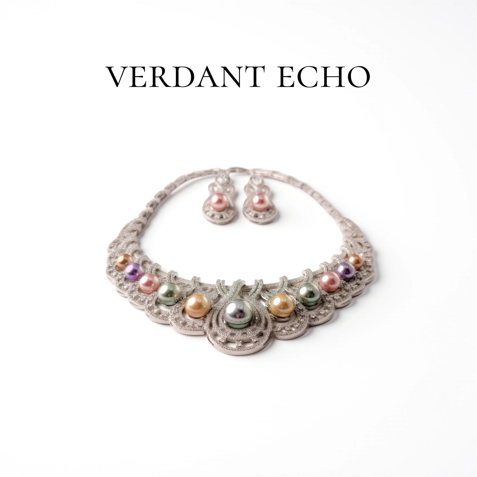 Artificial colored pearl silver necklace and earring set