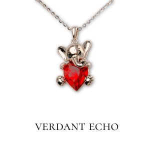 Artificial red crystal elephant silver heart necklace