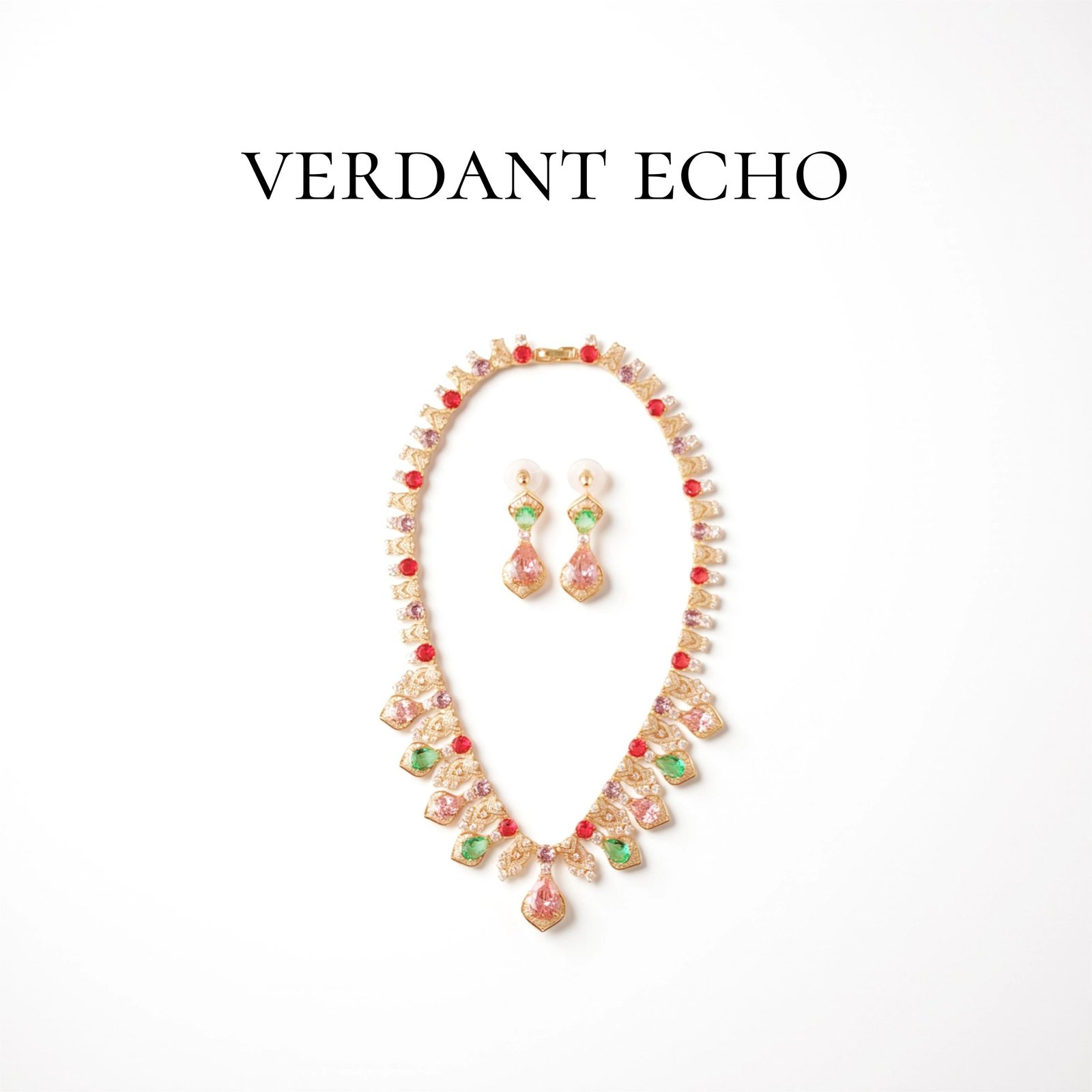 Artificial red, pink, and green crystal gold necklace and earring set-2