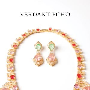 Artificial red, pink, and green crystal gold necklace and earring set