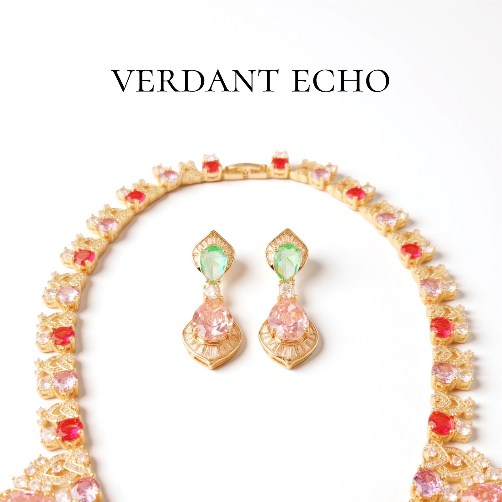 Artificial red, pink, and green crystal gold necklace and earring set