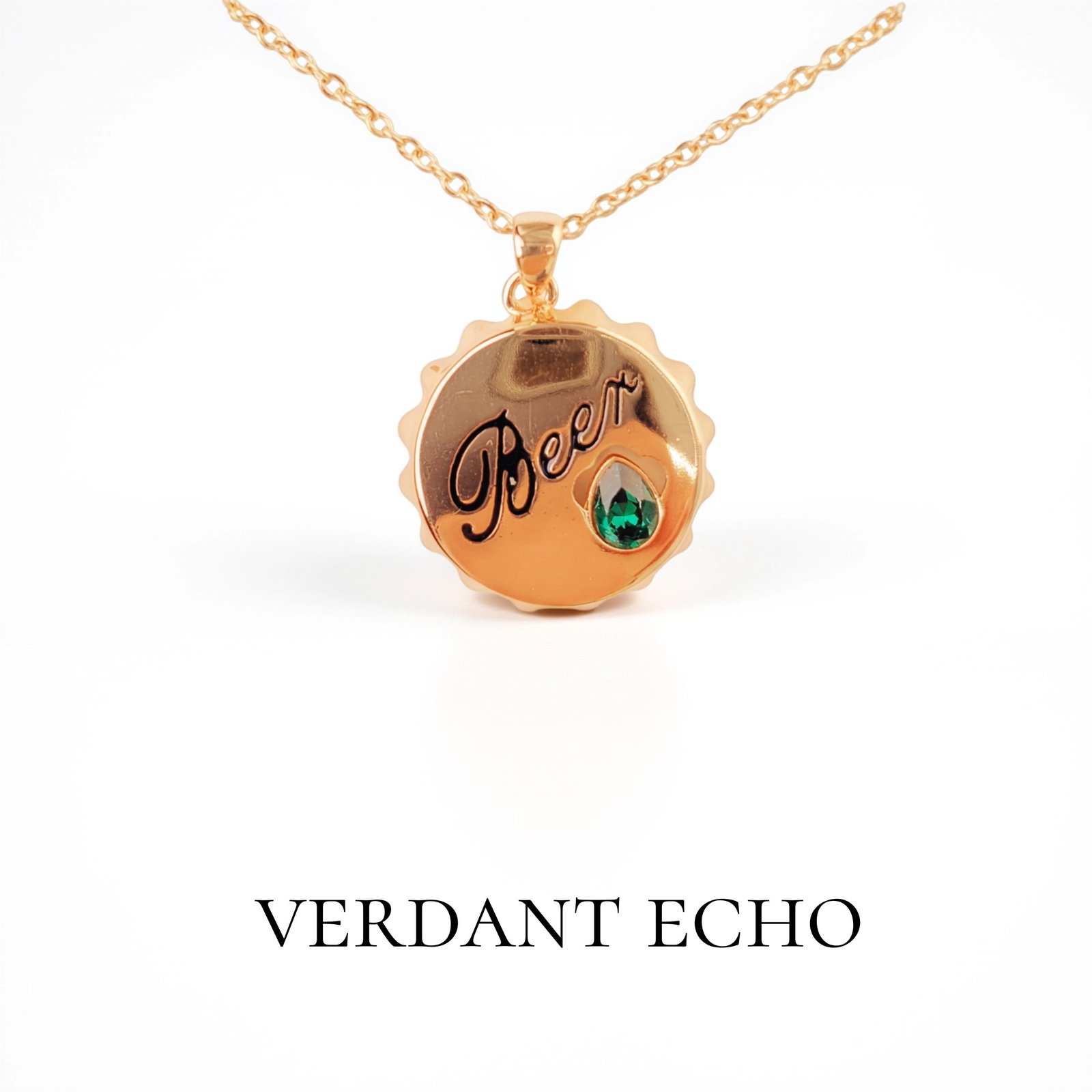 Artificial green crystal bottle cap gold necklace