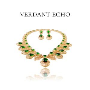 Artificial green crystal golden necklace and earring set