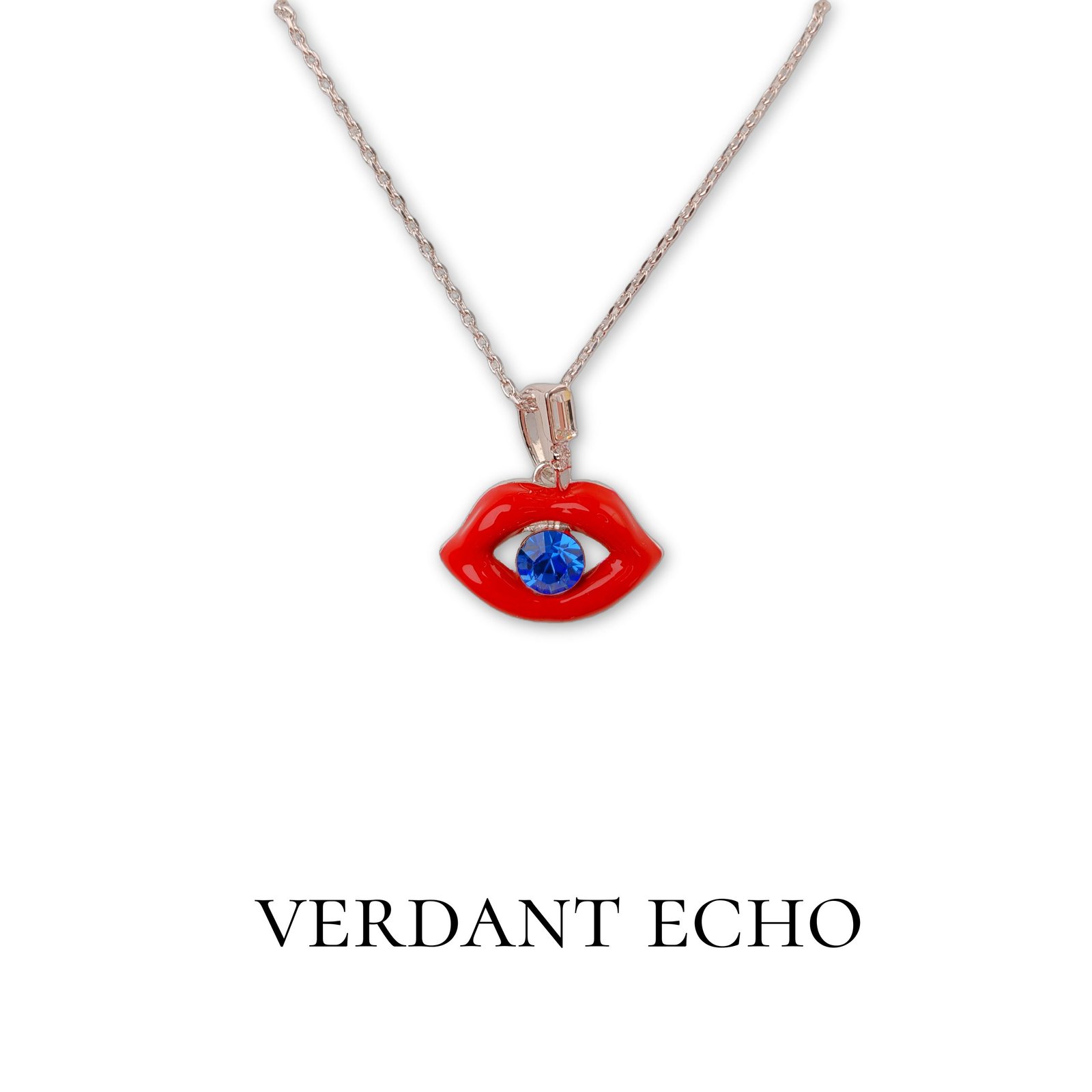 Artificial blue crystal red lip silver necklace