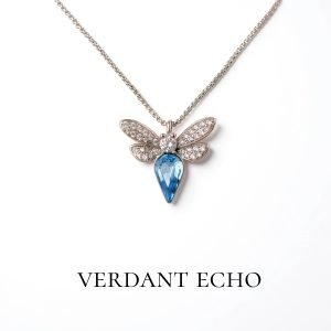 Artificial blue crystal dragonfly silver necklace