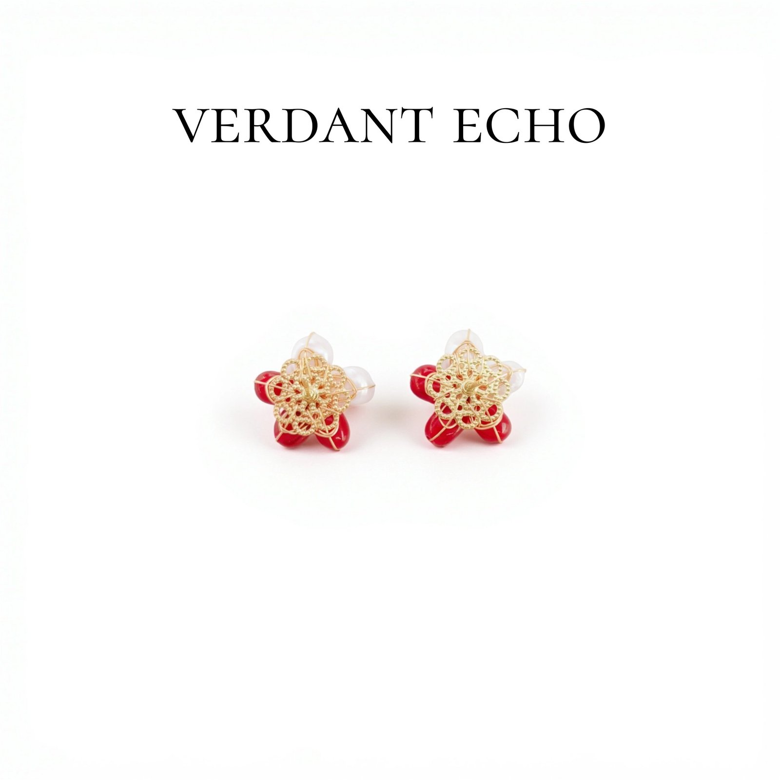 imitation red jade, natural freshwater pearl, copper-plated gold earrings-2